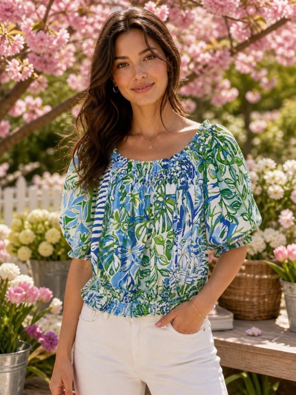 Rachel Roy Rayon Blouse Botanical Tropical Print Flowy Flattering Medium Vacay
